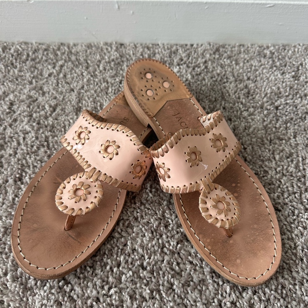 Jack Rogers Pink and Rose Gold Patent Jacks Slide Sandals